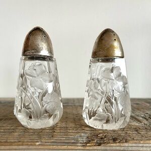 Crystal Salt and Pepper shaker set silver lid